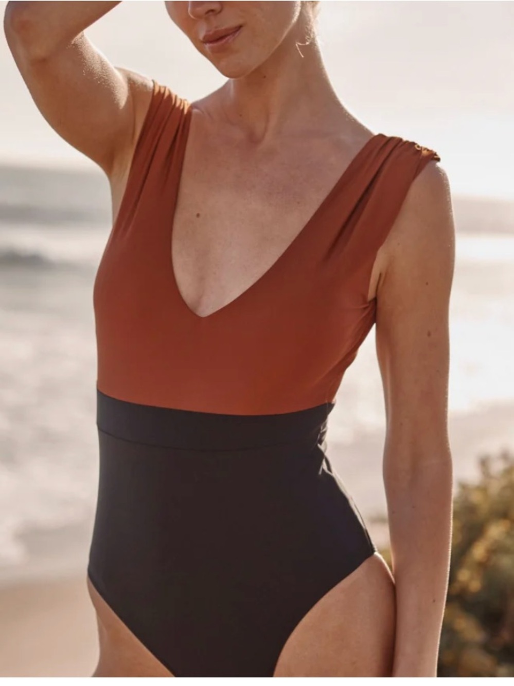 summersalt Rust and Black V‑Neck One‑Piece Swimsuit